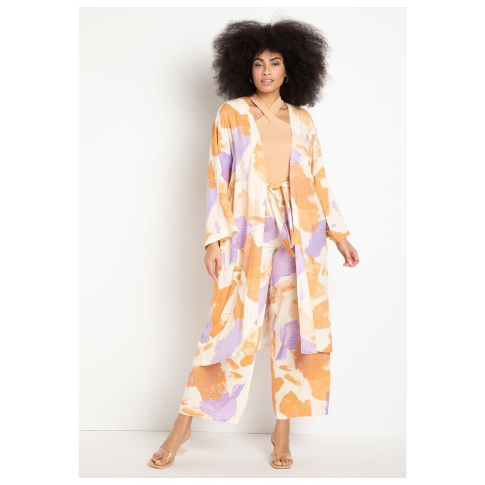Eloquii Orange, Lavender & Cream Abstract Duster and Wide-Leg Pants Set
